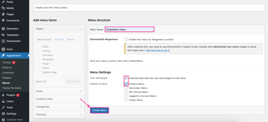 How to create a drop-down menu using menu editor