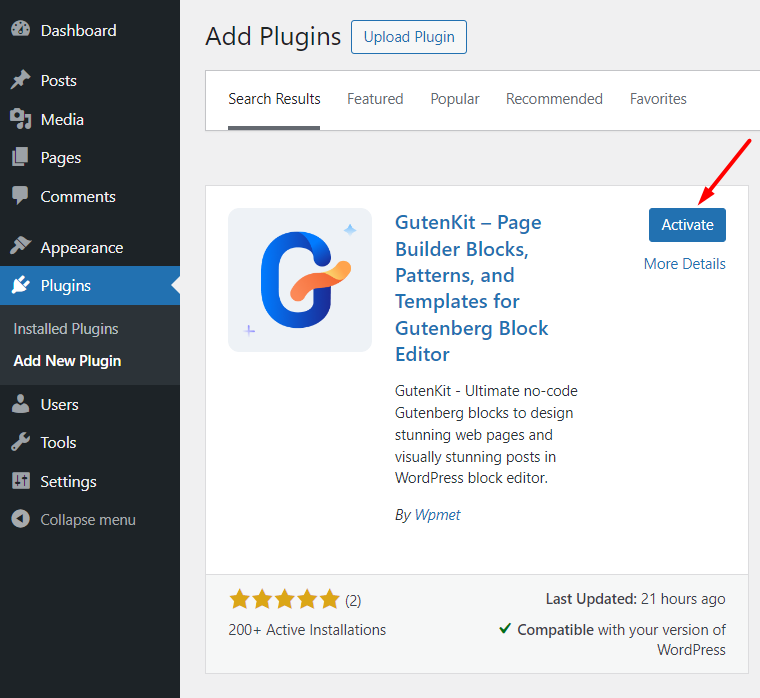 Install and activate GutenKit page builder plugin for Gutenberg