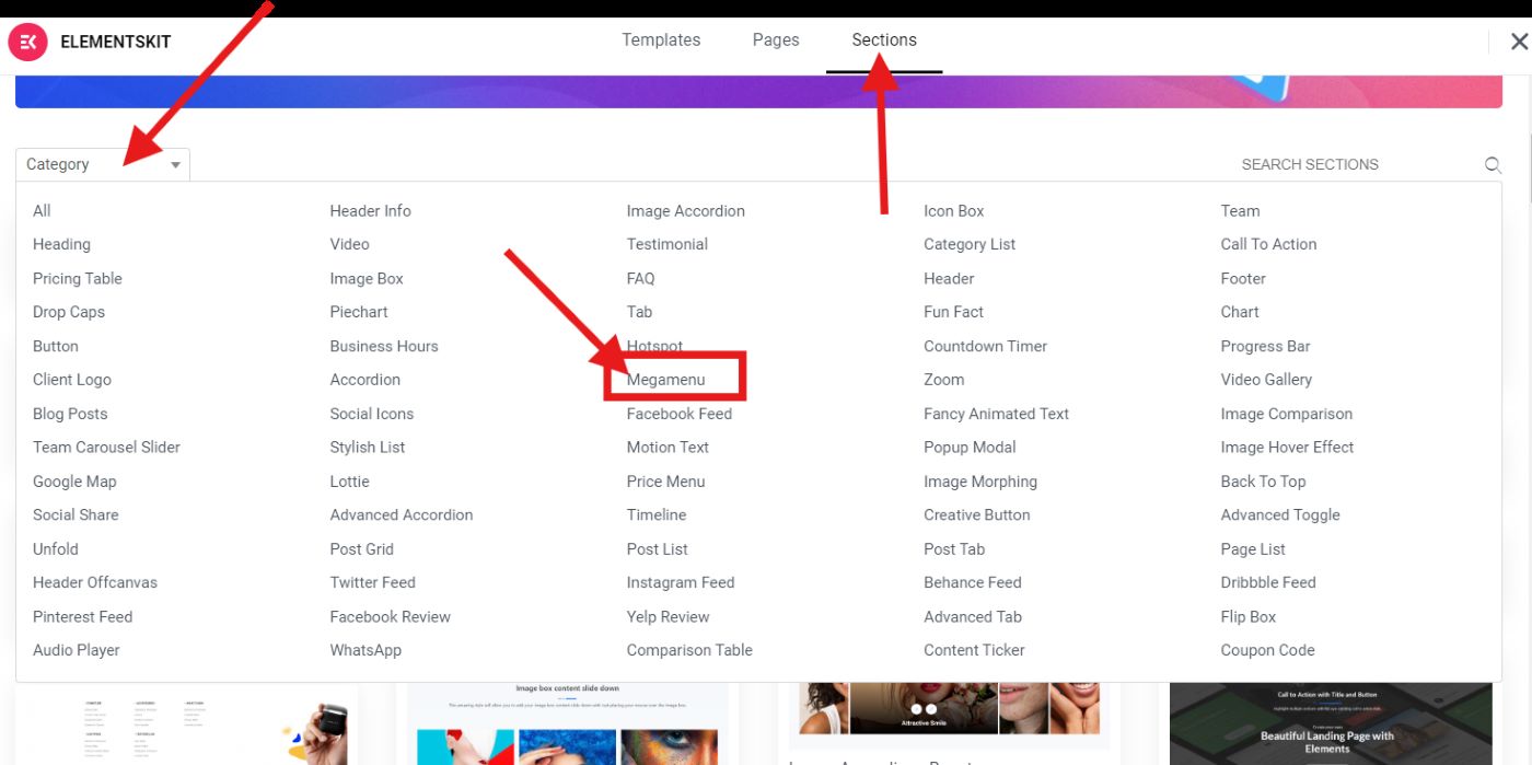 Selecting Megamenu from ElementsKit Template Library