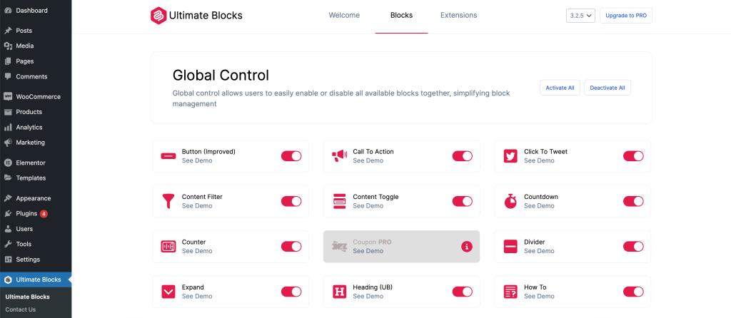 Glabal control of Ultimate Blocks